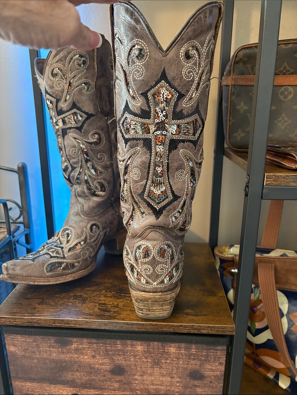 Embellished Brown Western Heeled Cowboy Boots with Cross Detail - Picture 3 of 4